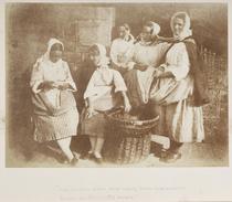 Newhaven Fisherwomen. Group portrait of five women with their creels, the figure on the left reading a letter. Three of the women are identified as Mrs Margaret (Dryburgh) Lyall, Marion Finlay and Mrs