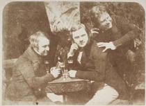 Edinburgh Ale. James Ballantyne, Dr. George Bell and D. O. Hill R.S.A. Portrait group of the the three men at drink, James Ballantyne (1808-1877) and George Bell (d. 1889) seated at a table, with Davi