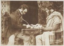 John Robertson and Hugh Miller. Three-quarter length portrait of the two writers, seated in profile opposite each other at a small table. John Robertson is posed in the act of writing, Hugh Miller (18