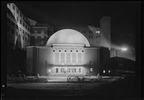 Central Park West and 81st Street. American Museum of Natural History, Hayden Planetarium, night view, exterior elevation.