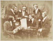 Probationers of the Free Church. Portrait group of six young men, gathered round a table, the central focus of the image being the volume standing upright on the table. The sitters have been identifie