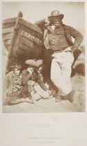 Newhaven. Saunders, Mucklebackit of Musselcrac. Full-length portrait of the Newhaven fisherman Sandy (or James) Linton, leaning against a Newhaven fishing boat, with three young boys seated beside the
