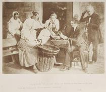 The Pastor's Visit, Newhaven. Group of five Newhaven fisherwomen seated around the minister James Fairbairn (1804-1879), himself seated at a small table piled with books. Four of the women identified