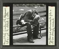 Bryant Park. A victim of the Depression. Out of a job, the attitude of utter dejection and submission to fate is all too strongly evident.