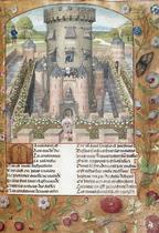 Fair Welcome imprisoned (Whole folio) Bel Acueil (Fair Welcome) imprisoned by Jalousie (Jealousy) in a tower guarded by soldiers. Borders with trompe l'oeil decoration of birds and insects Image taken