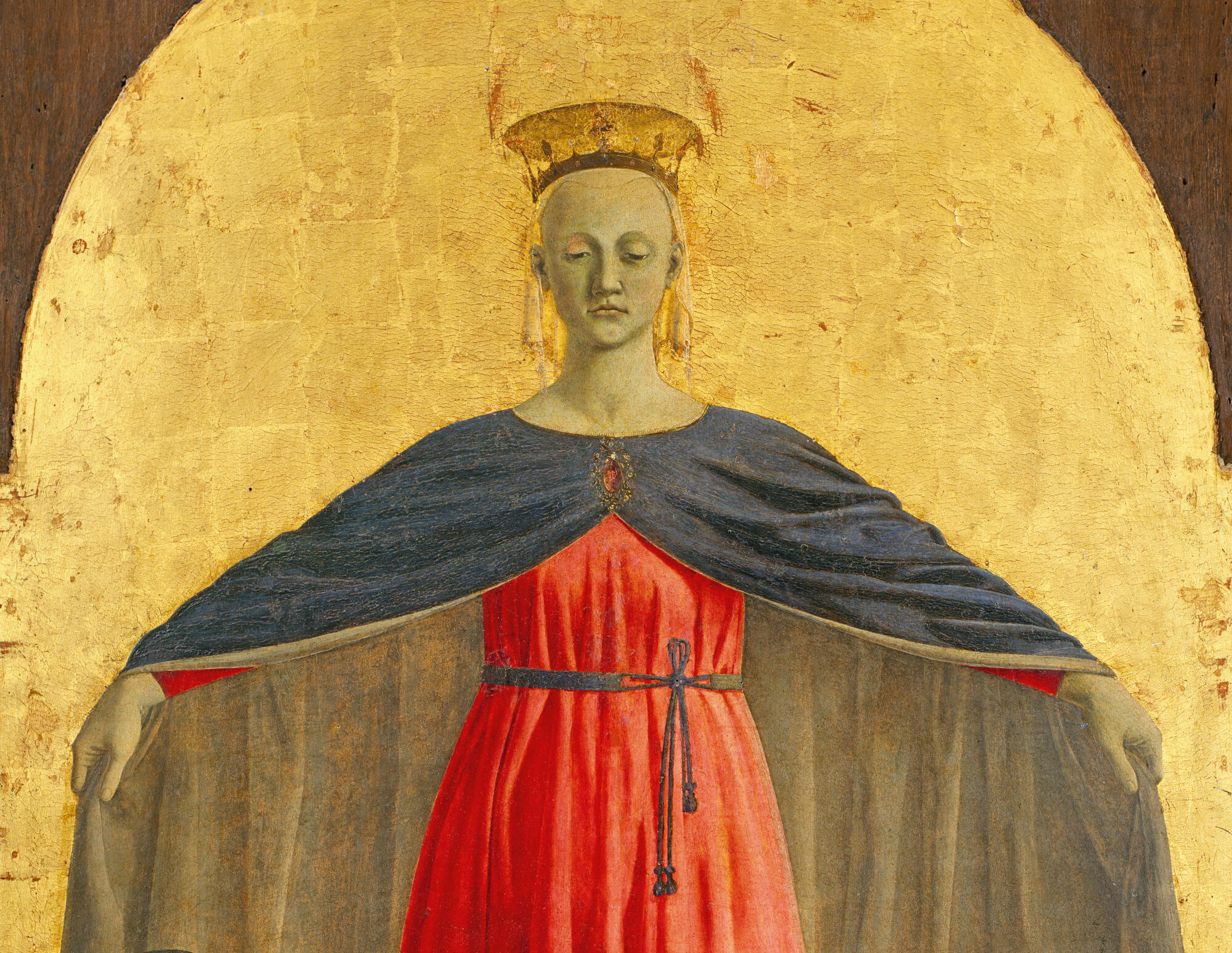 The Madonna della Misericordia [Virgin of Mercy], detail of center panel. Altarpiece. Polyptych, Tempera and gold on wood, 270 x 330 cm.
