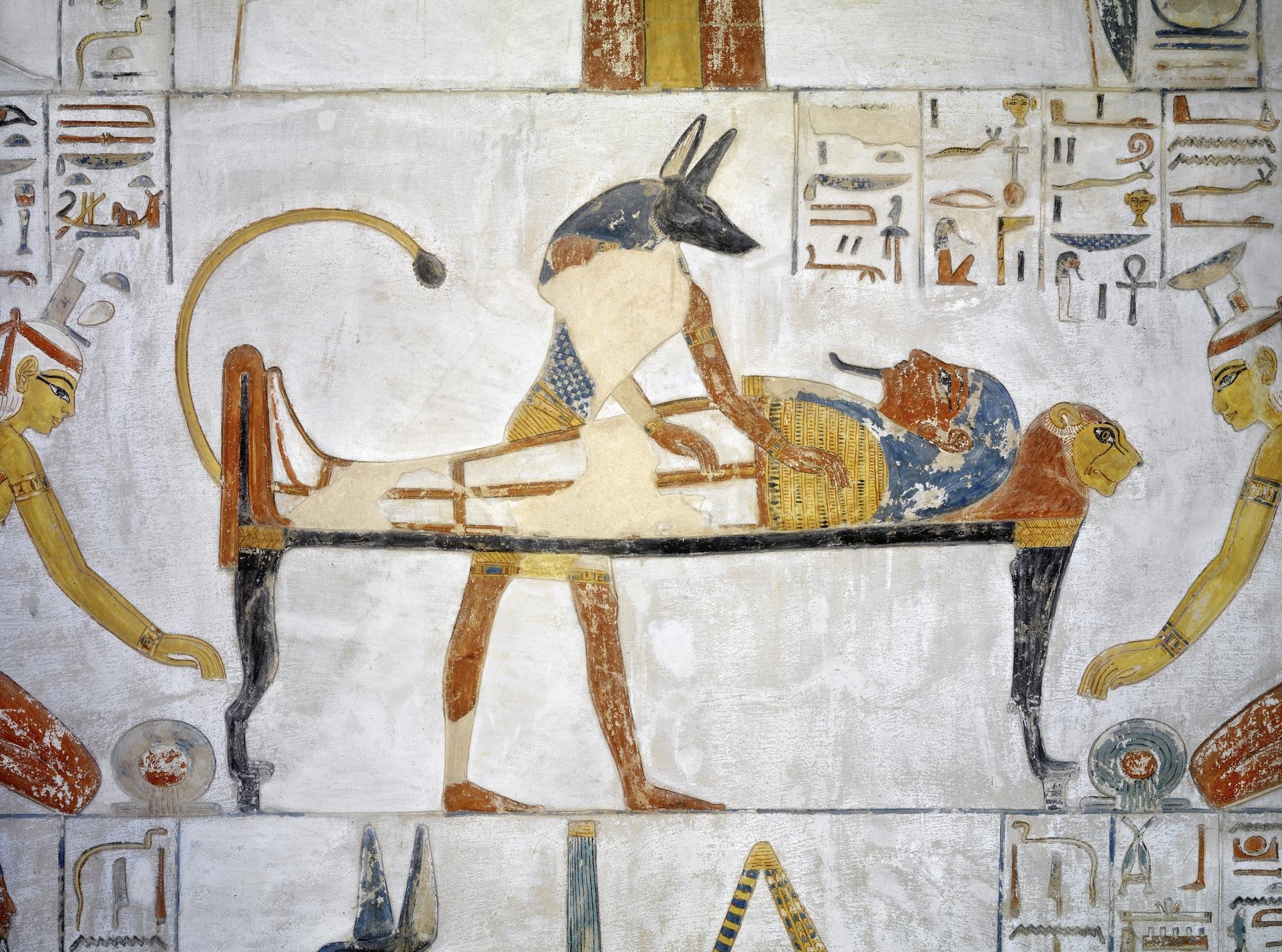 Mural painting of Anubis before embalmed Siptah. 19th dynasty. Photo: S. Vannini