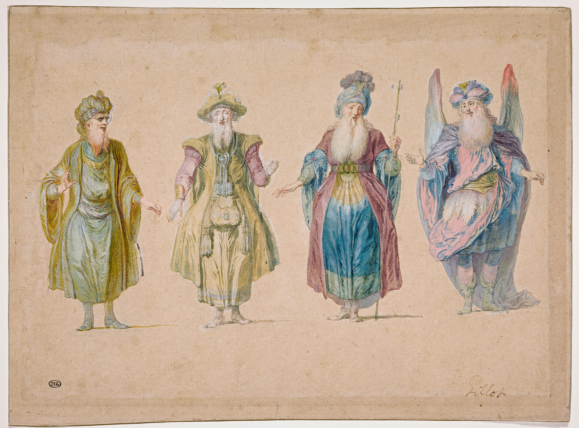 Four costume studies for Pluto and Time for the ballet The Elements, presented in Paris in 1721 and in which the young Louis XV danced. 1718-20. Watercolor and gouache; 186 x 255mm. INV26763-recto. Photo: Michel Urtado.