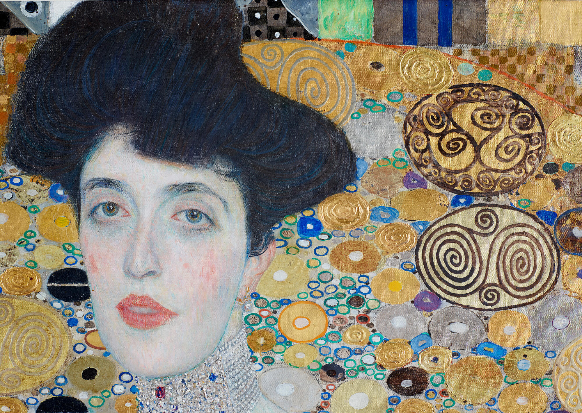 Adele Bloch-Bauer I, detail. 1907. Oil, silver, and gold on canvas. Acquired through the generosity of Ronald S. Lauder, the heirs of the Estates of Ferdinand and Adele Bloch-Bauer, and the Estée Lauder Fund. Photo: John Gilliland.