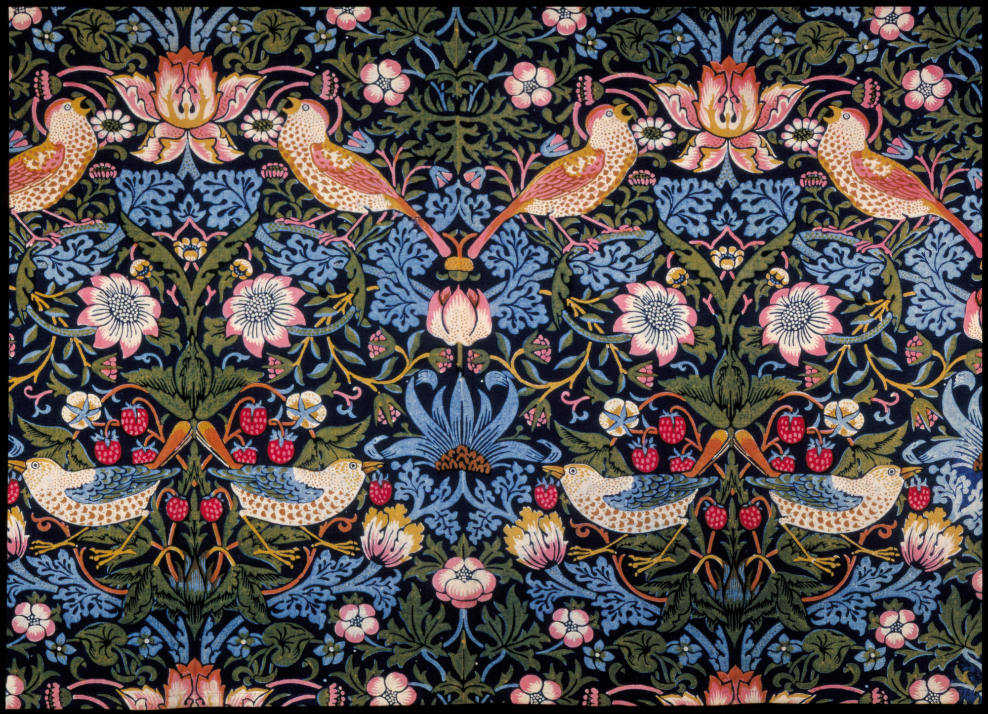 "Strawberry Thief," 1883. Indigo discharged and block-printed cotton, 60.5 x 95.2 cm, Inv. T.586-1919.