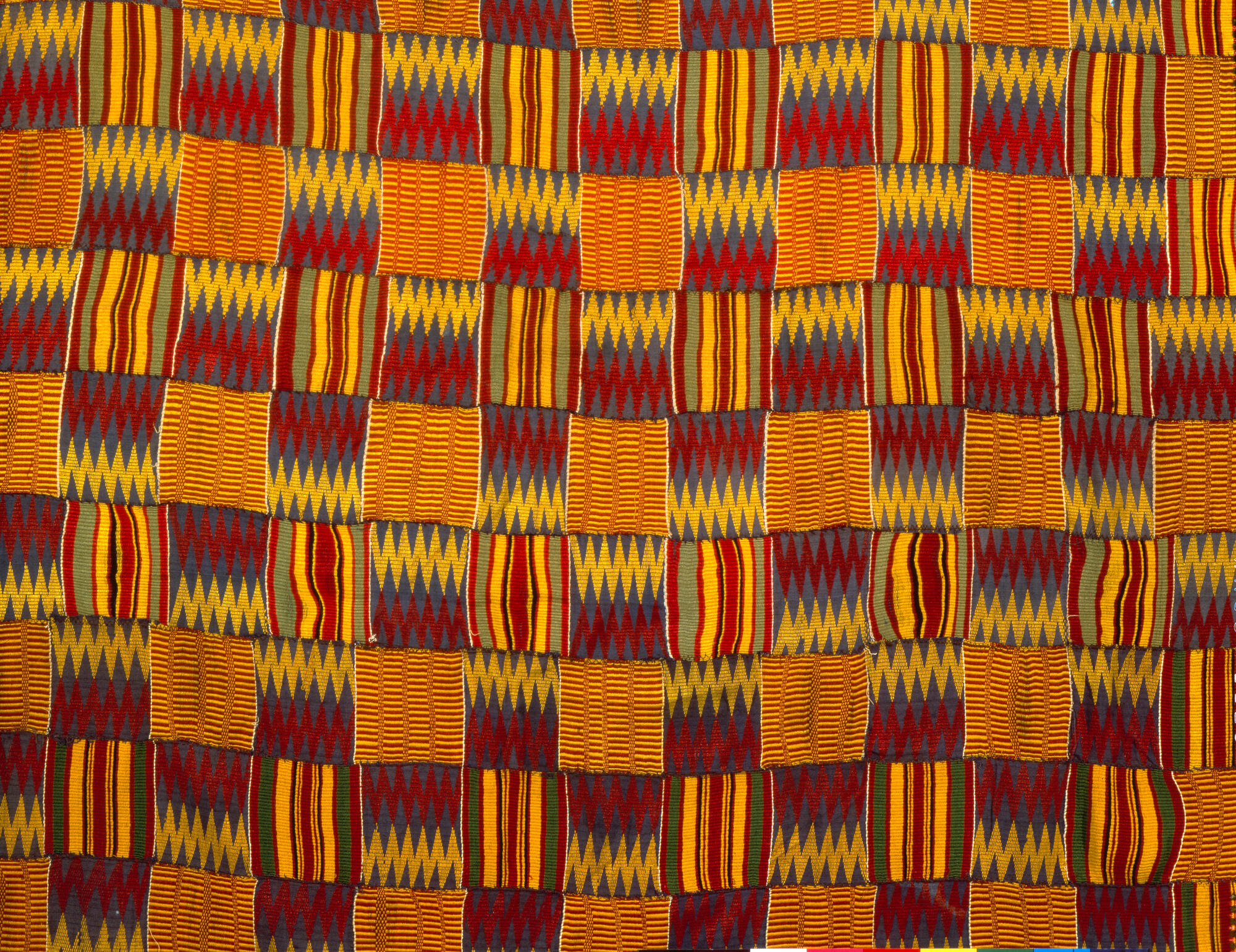 Woman's kente cloth, detail. Asante People, Ghana, mid-20th century. Rayon, 64 1/2" x 33 3/4".