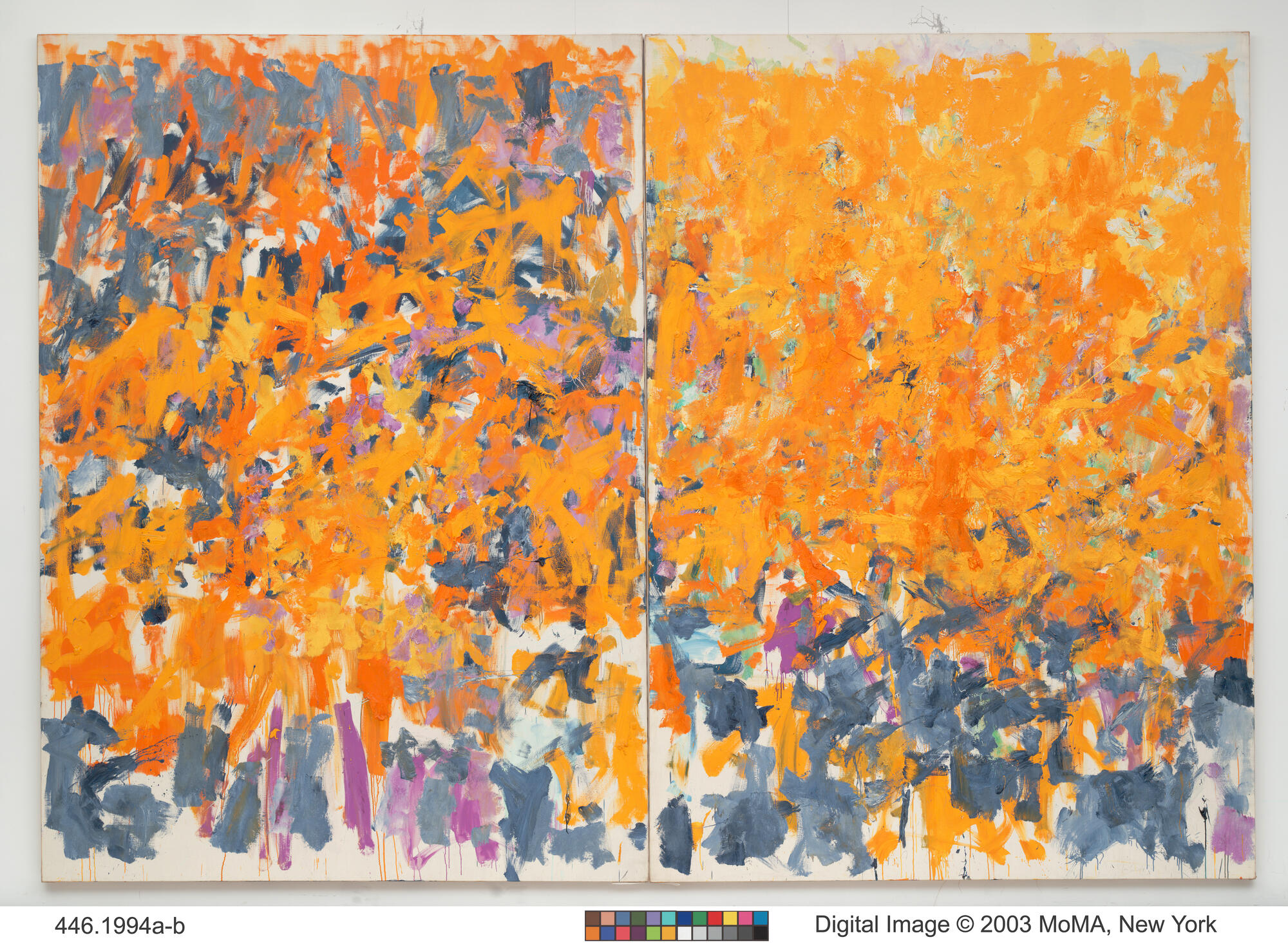 Wood, Wind, No Tuba. 1980. Oil on canvas, two panels; 9' 2 1/4" x 13 1 1/8" (280 x 399.8 cm). Gift of The Estate of Joan Mitchell.