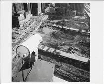 [Aerial view of construction of the World Trade Center.]