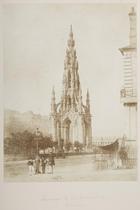 Monument to Sir Walter Scott, Edinburgh. View across Prince's Street towards the Scott Monument, with Edinburgh Castle on the skyline beyond. The monument is here seen completed, although the statue h