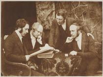 Dunbarton Presbytery, Free Church. Group of four men seated round a table, examining a paper. Identified as Rev. William Alexander (1808-1890), McMillan of Cardross, Rev. James Smith (or Goodsir) (180