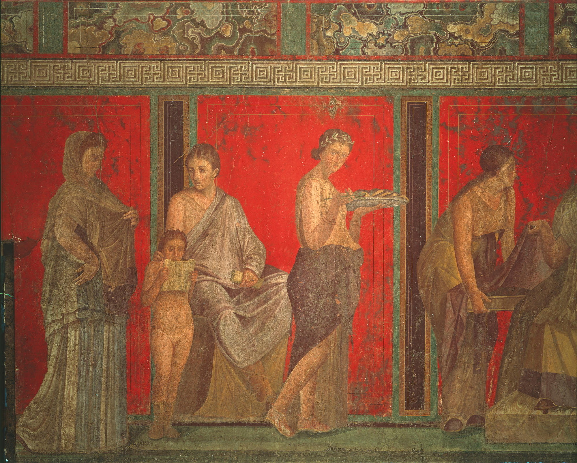 Reading of the ritual and a girl with offering. Fresco.