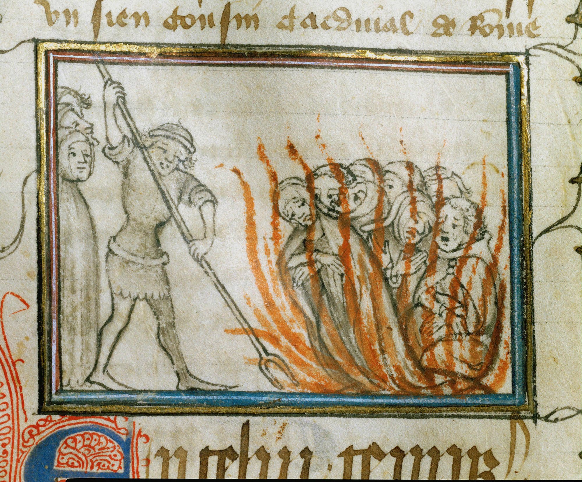 Templars burned at the stake. Anonymous chronicle. From the creation of the World until 1384, translated by Bernard Guy. MS 677, folio 75 recto. 