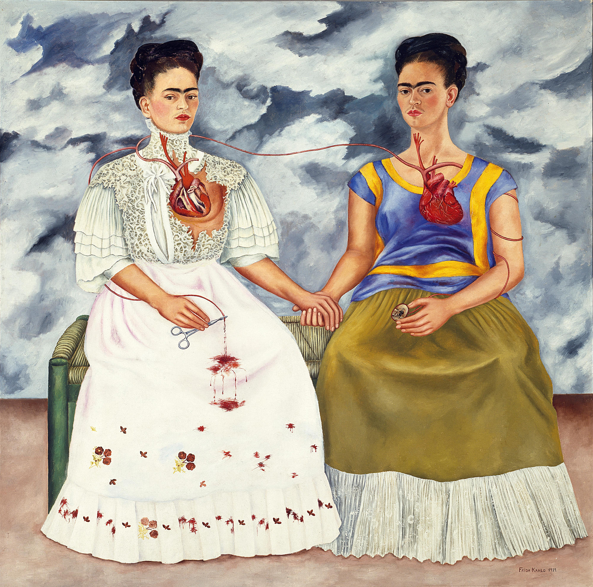 The Two Fridas (Las Dos Fridas). 1939. Oil on canvas, 173 X 173 cm (5' 8 1/2" x 5' 8 1/2").