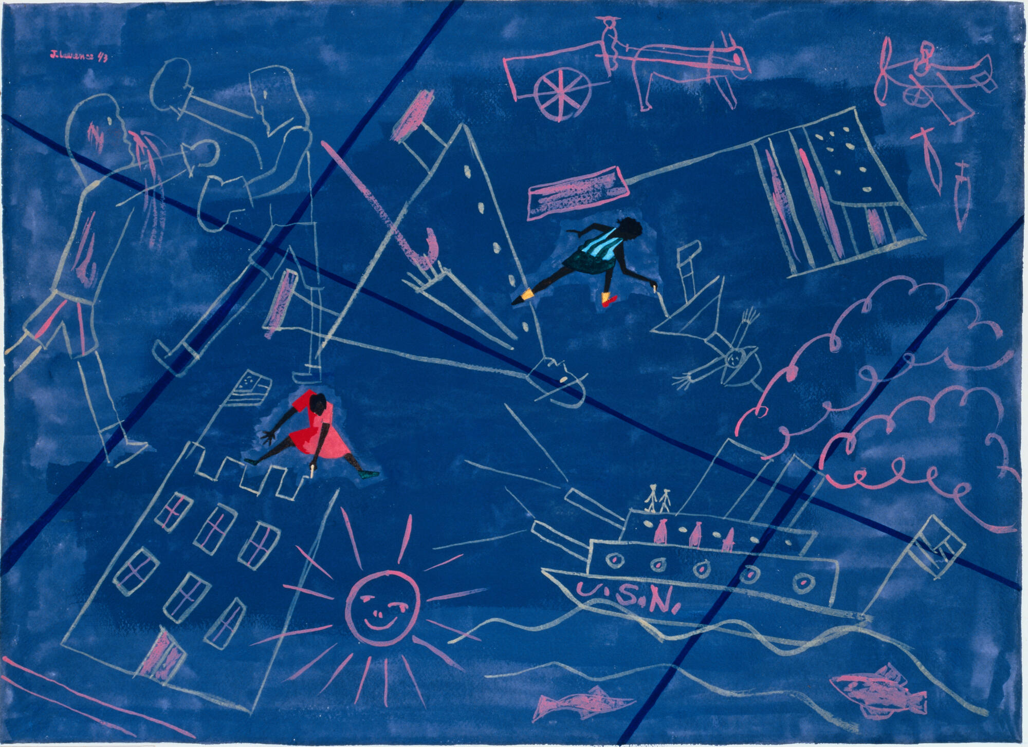 Sidewalk Drawings. 1943. Gouache on paper, 22 3/4 x 29 1/2 in. (56.8 x 74.9 cm).